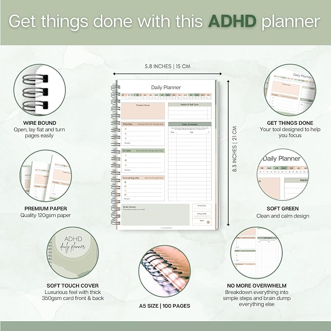 ADHD Daily Planner for Neurodivergent Adults - Productivity Daily Planner & Task Management to Stay Organized and Focused (Green)