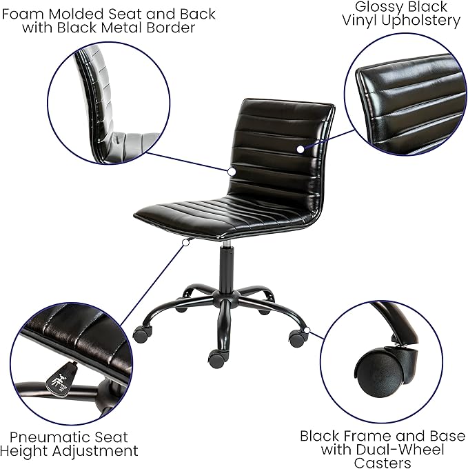 Flash Furniture Alan Office Task Chair - Black Vinyl - Black Frame - Armless - Ribbed Back and Seat - Low Back Design