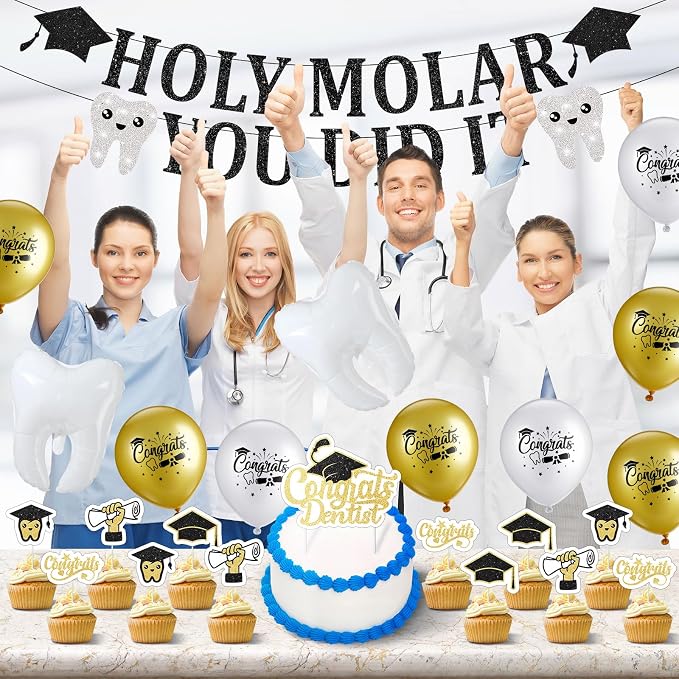 Colingmill 30 Pcs Dentist Party Decor Congrats RDH Dental Kit with Pull Flags Cake Sticks Tooth Balloon White Ribbon for Dentist Supplies Back to School Party Favor