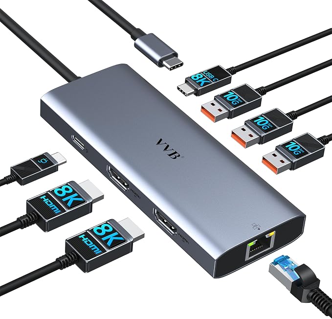 USB C Docking Station Dual Monitor HDMI Laptop Docking Station 3 Monitors | Docking Station with 3*8K USB C+2 HDMI,10G USB A/C ports,100W PD,Ethernet,USB C Hub Multiport Adapter for Windows Laptop
