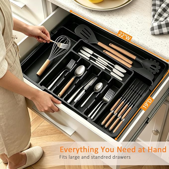 Silverware Organizer - Expandable Large Kitchen Drawer Organizer Utensil Organizer with 2 Removable Knife Blocks, 22"x 19"Cutlery Tray Drawer Dividers for Kitchen Flatware(6-9 Slots) (Black)