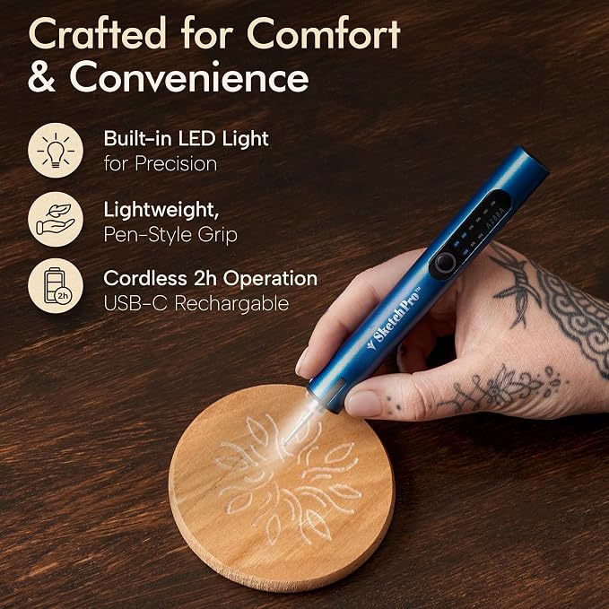 SketchPro Cordless Engraving Pen with LED Light – 3-Speed Precision Etching Tool for Wood, Metal, Glass & Plastic – USB-C Rechargeable, 26 Accessories – Ideal for DIY, Jewelry & Craft Projects
