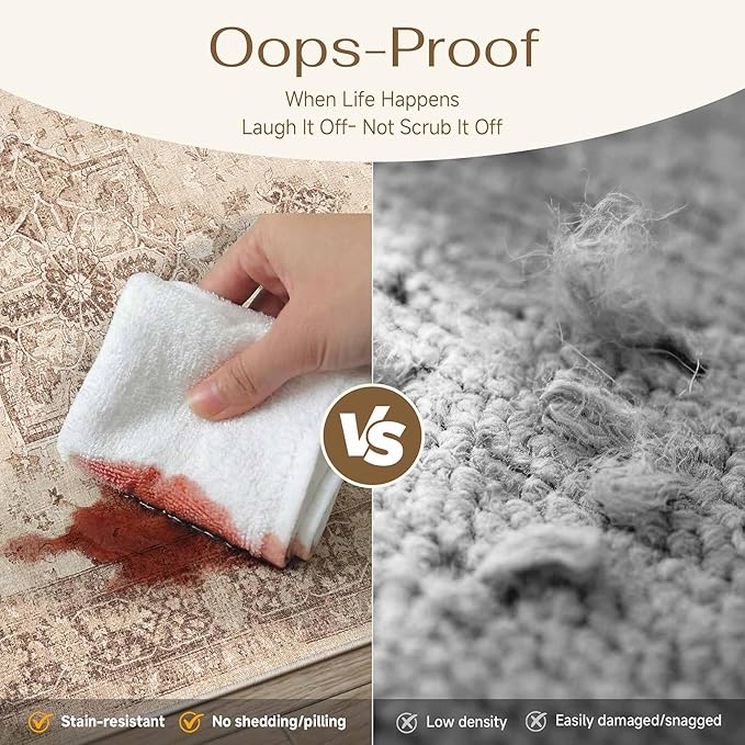 PureCozy Brown 8x10 Area Rug Washable Vintage Living Room Carpet Non Slip Retro Distressed Low Pile Soft Oriental Medallion Thin Large Throw Rug for Office Bedroom Dining Room Playroom