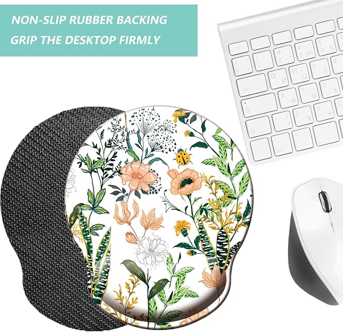 Mouse Pad with Wrist Support, Ergonomic Mouse Pad with Memory Foam Wrist Rest Cushion, Non-Slip Rubber Base Gaming Mice Pad for Home Office Computer Laptop, Flower White