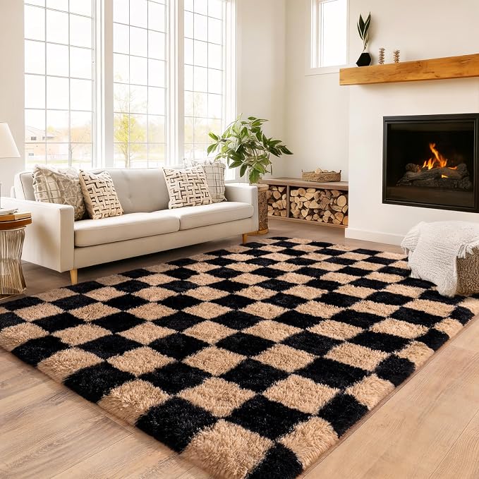 Checkered Rug for Bedroom 5x7, Ultra Fluffy Fuzzy Shag Area Rugs for Living Room, Anti-Skid Indoor High Pile Soft Rug Carpet for Living Room Bedroom Kids Room Nursery, Dorm Home Decor, Black & Beige