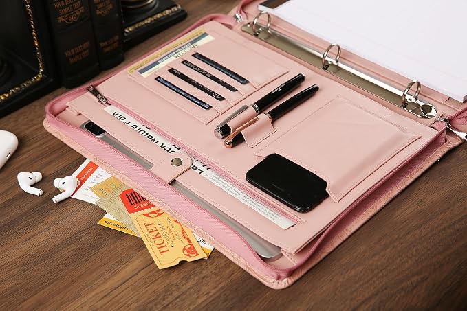 Vegan Leather Padfolio Binder, Personalized 3 Ring Binder for Women, Pink Leather, Handmade Portfolio Organizer, Engraved Resume Folder (Pink Pattern, Custom)