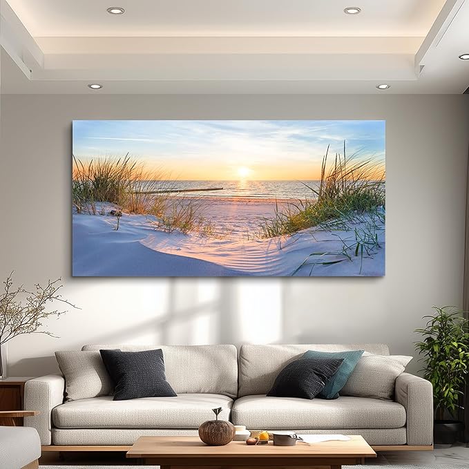Wall Art For Living Room Large Size Wall Decorations Pictures Blue Sun Beach Grass Ocean Landscape Painting Office Wall Decor Canvas Prints Ready To Hang For Home Decoration Works Of Art 24" X 48"