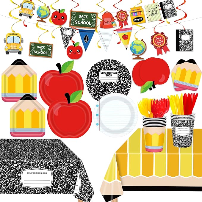 129PCS Apple Pencil Back to School Party Supplies Serves 20, Preschool Kindergarten First Day Classroom Decor Kit Plates Cups Napkins Cutlery Straws Swirls 2 Tablecloths & Banner Kids Graduation