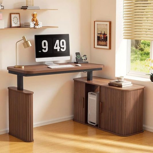L Shaped Standing Desk with Storage, 47" Electric Desk Height Adjustable Executive Desk with Drawers, Sliding Door Wood Desk Office Sit Stand up Desk for Work, Study, Writing, Walnut