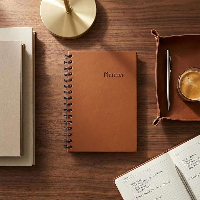 Undated Monthly and Weekly Planner - 12 Month Calendar Planner Notebook with Week Days - Hardcover Undated Planners Blank Agenda Book - A5 Brown