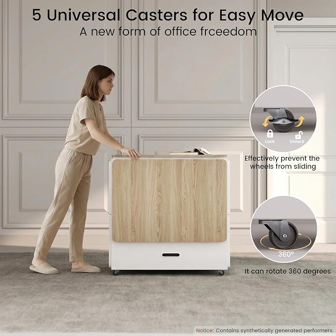 ModernMate 3-in-1 Folding Desk & File Cabinet, Fluted Multi-Storage Workspace with 4 Drawers, Lockable Wheels | Power Outlet | Fits A4/Letter Files, Space-Saving for Small Home Office, Light Walnut