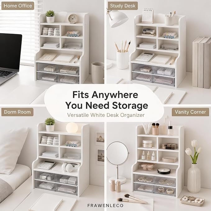 6-Tier Desktop Organizer Shelf, Small White Desk Storage Rack with Drawers, Multi-Layer Office Desk Organizer for Books, Stationery, Makeup, Study Room, Dorm, Home Office