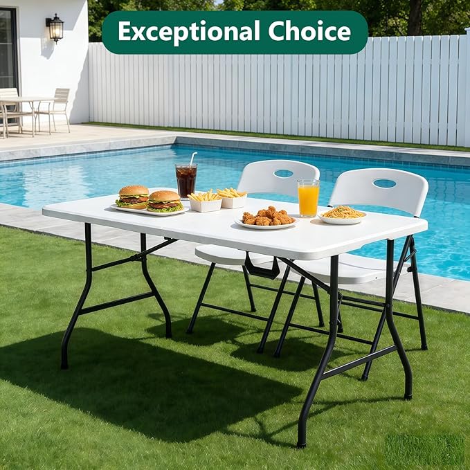 Folding Table 5FT Heavy Duty Plastic Table with Handle, Foldable&Portable, Fold-in-Half Utility Tables for Outdoor, Dining, Wedding, Events, Indoor, Picnic, Camping, Party,Khaki