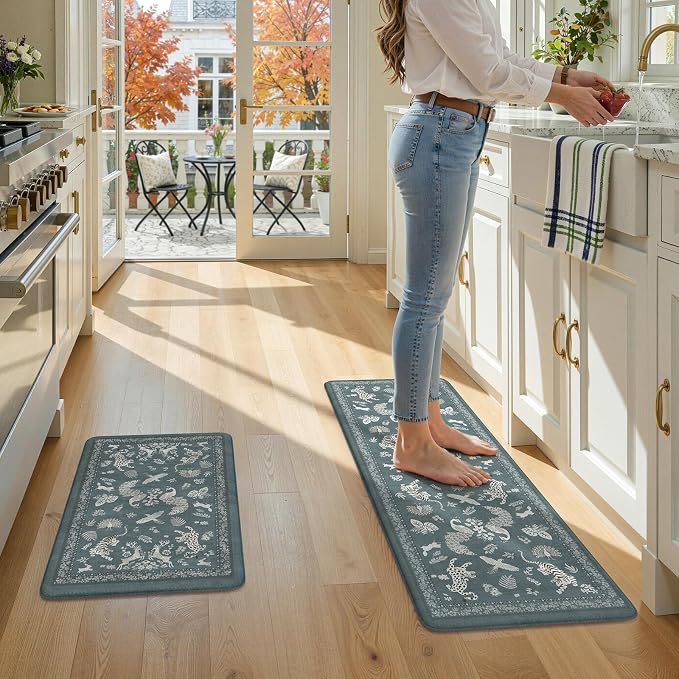 LEEVAN Anti Fatigue Mats for Kitchen Floor Non-Slip, Cushioned Kitchen Mats for Floor 2 Piece, Blue Memory Foam Kitchen Mat Set, Waterproof Ergonomic Standing Mat for Bar, Office,Desk, Laundry