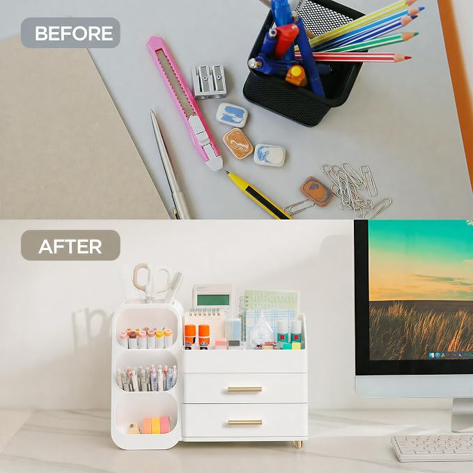 HBlife Desk Organizer with Pen Pencil Holder for Desk, Pen Organizer with 2 Drawers, Desk Organizers and Accessories with 4 Compartments, Desktop Storage for Office Home School Art Supplies, All White