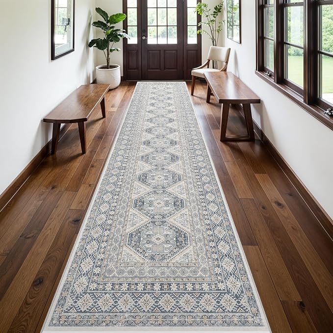 3x14 Runner Rug Kitchen Washable:Oriental Indoor Hallway Runners with Non Slip Backing Floor Mat for Entryway Door Low Pile Thin Carpet for Bedroom Bathroom Living Room Bedside (Blue, 3x14)