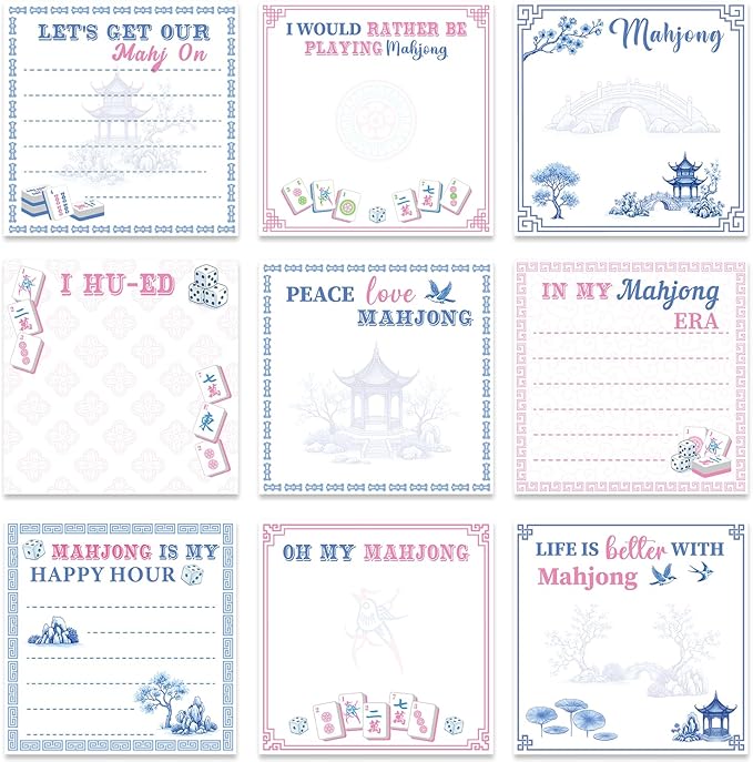 Mahjong Sticky Notes Gifts - 9 Pack Mah Jong Notepads 3x3 Inch Gifts for Mahjong Lovers, Mah Jong Blue and White Porcelain Memo Pads Office School Supplies for Friends Coworkers (450 Sheets)