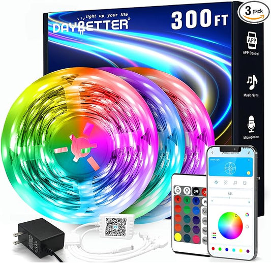 DAYBETTER Led Strip Lights 300 ft (3 Rolls of 100 ft) Color Changing Lights Strip for Bedroom, Desk, Indoor Room Bedroom Valentine Decor, with Remote and 24V Power Supply