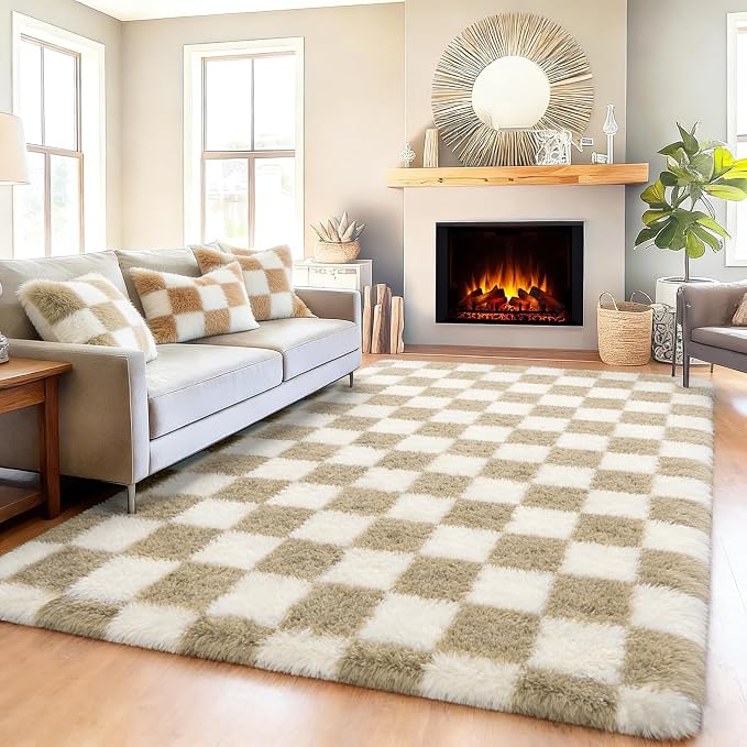 KICMOR 6x9 Rugs for Living Room Beige and Cream White, Large Big Fluffy Shag Fuzzy Checkered Area Rug Shaggy Carpets for Bedroom, Soft Plush Rug for Kids Boys Girls Dorm Nursery Playroom Home Decor