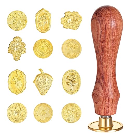 Bewudy Wax Seal Stamp Set, 12 Pcs Wax Stamp Heads with Wooden Handle, Sealing Waxs Stamps Kit for Party Wedding Invitation Cards Envelopes Gift Wrapping Letter