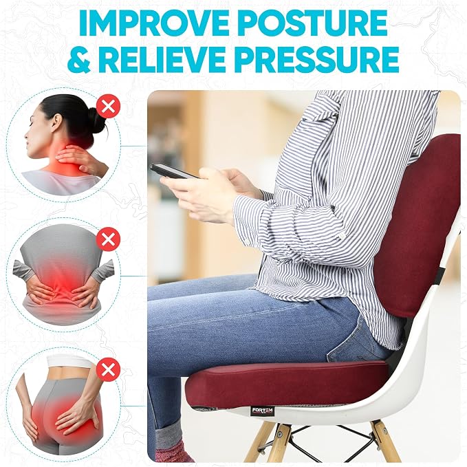 FORTEM Seat Cushion, Office Chair Cushion, Lumbar Support Pillow for Office Chair, Memory Foam Car Seat Cushions, Sciatica Coccyx Tailbone Pain Relief, Cushions for Back Support, Washable, Non Slip XL