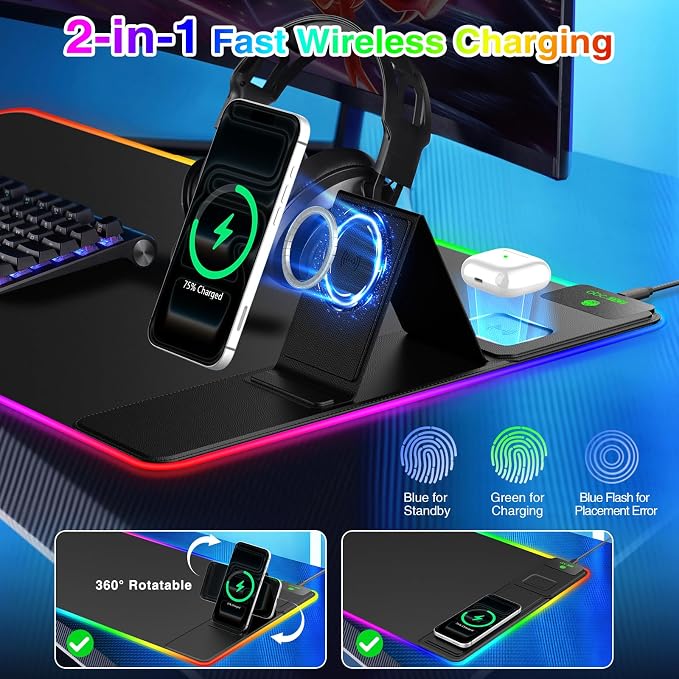 RGB Gaming Mouse Pad with Magnetic Wireless Charging & Foldable Phone Stand | 31.5"x15.8" XXL Large LED Mousepad with Stitched Edges, Ultra-Smooth Waterproof Surface, 25 Lighting Effects, Non-Slip Base