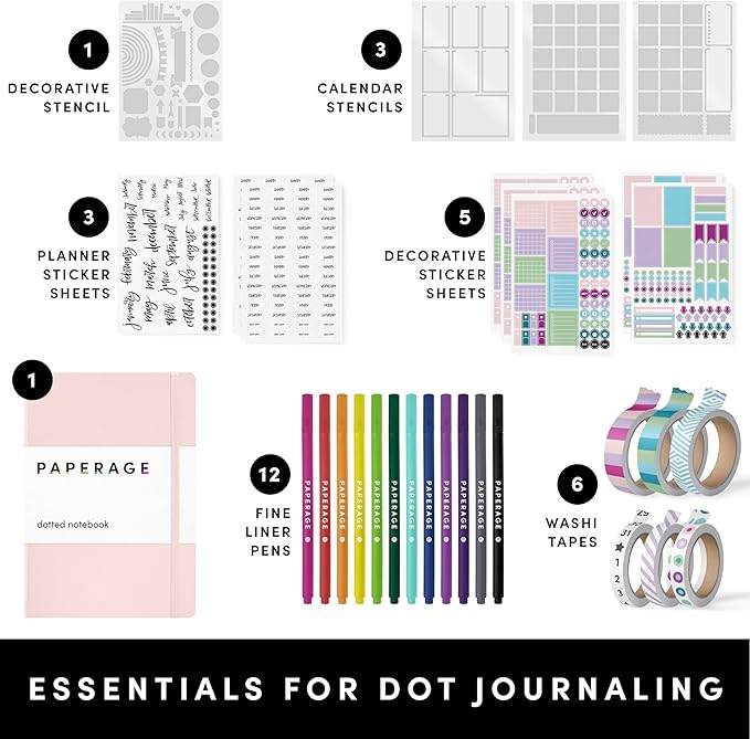 PAPERAGE Bullet Style Journal Kit, Dotted Journaling Set & Stationary Kit, Hardcover Dotted Journal Notebook (Sky Blue), 12 Fineliner Pens, 8 Sticker & 4 Stencil Sheets, 6 Washi Tapes