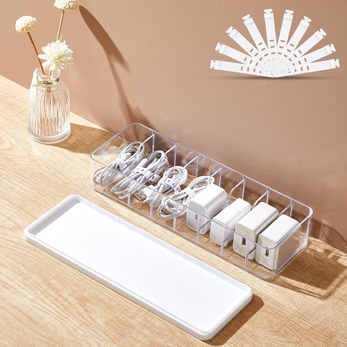 Tatuo 1 Pcs Cord Organizer for Drawer Desktop, Cable Organizer Box with 8 Compartments and Wire Ties, Plastic Charger Storage with Lid, Electronics Case for Home Office Accessories (Small,Clear,White)