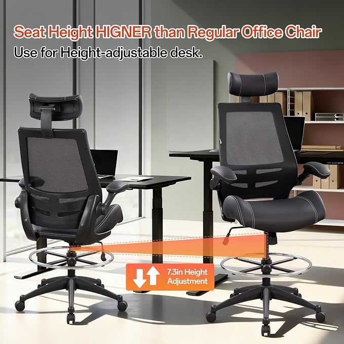 BOLISS Tall Ergonomic Office Chair, Sustainable Tech-Leather Drafting Chair with Adjustable Foot Ring, 90° Flip-Up Arms Space Saving Mesh Computer Desk Chair for Standing Desk Executive Work 8+ Hours