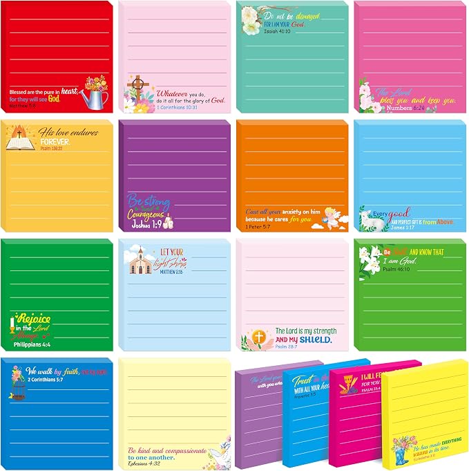 18 Pack Bible Sticky Notes with Lines, Inspirational Religious Christian Notepads, Bible Verse Quote Notepads for Message, Reminder, Gifts, Diary Lists, Office, School, Scripture Memo Pads (3” x 3”)