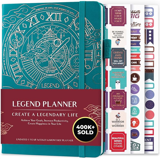Legend Undated Weekly Planner – Goal Planner Journal & Organizer Notebook – Agenda Book with Monthly Calendar & To-Do List, A5 (Viridian Green, Gold)