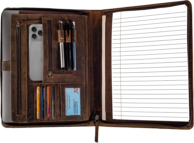 LEATHER VILLAGE Leather Portfolio Organizer - Professional Business Padfolio for Men & Women - Stylish Document Card Holder, Folio for A4/Letter Size Writing Legal Pad, Brown