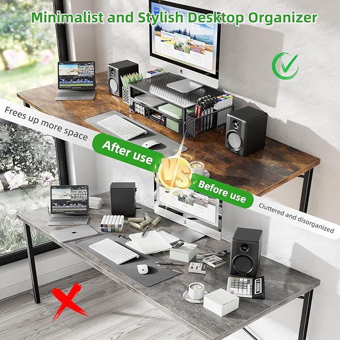 Simple Trending Desk Organizer and Accessories, 2 Tier Computer Metal Monitor Stand Riser with Drawer and Pen Holder for Laptop, Computer, iMac, Black
