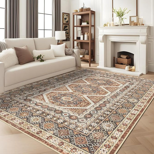 8x10 Washable Area Rugs: Large Non-Shedding Oriental Living Room Rug Super Soft Vintage Bedroom Carpet Ultra Thin Farmhouse Distressed Indoor Rug for Kitchen 8x10 Brick