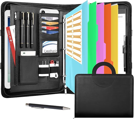 Leathario Portfolio Binder, Includes 5 Folder Index Dividers, 13 Inch Tablets Organizer with Handle, Vegan Leather A4 Padfolio, Multi-Pocket Notepad Business Planner Professional Document
