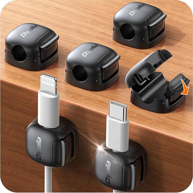 6Pack Cord Organizer, Chfeila Spring Cable Clips [1s Lock] Cable Management, Cute Cord Holder for Nightstand Home Office Desk Accessories Women Men,Girls Guys College Dorm Room Essentials Decor, Black