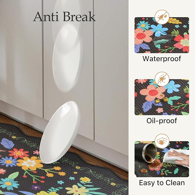GENIMO Anti Fatigue Kitchen Mats for Floor 2PCS, Cushioned Standing Mats | 17.3"x47"&17.3"x30", Jet Black vintage floral rug set, waterproof, non slip, easy-clean for farmhouse