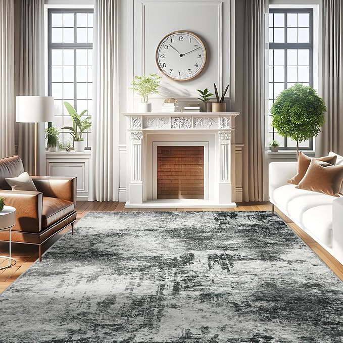 RUUGME Washable Abstract Rug 8X10: Non-Slip Stain Resistant Living Room Area Rug Soft Low Pile Dining Room Rugs for Under Table Bedroom Office - Large Indoor Carpet for Modern Home Decor(8X10 Black-A)