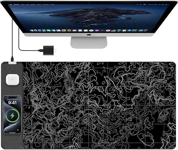 TopMade Mouse Pad with 15W Fast Wireless Charging, 31.5"x15.75" XXL Large Gaming Waterproof Desk Pad, Computer Desk Mat, Black Topographic Map #3 (Includes 20W PD Power Adapter & 6.56ft Woven Cable)