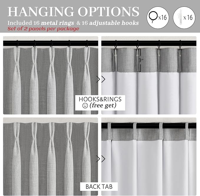 Light Grey Blackout Double Layer Thick Linen 84 Inch Curtains 2 Panels Set for Sliding Glass Doors, Memory Trained Pinch Pleated Noise Reducing Insulated Farmhouse Windows Curtain 40"W x 84"L Length