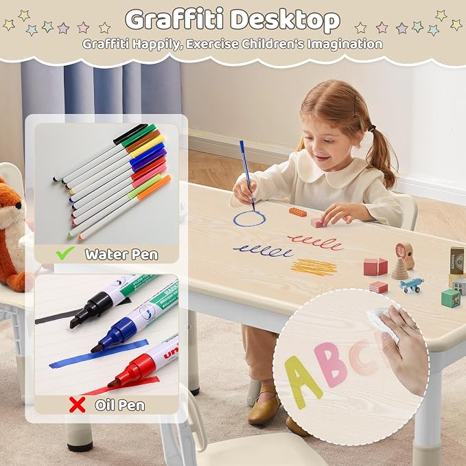 DOREROOM Adjustable Kids Table & 2 Chairs Set, 31.5" L x 23.6" W, Natural-W | Graffiti Desktop,Table Supports 300 lbs,Toddler Ages 2-8，FSC-certified, Children Activity Table for Daycare, Classroom, Home