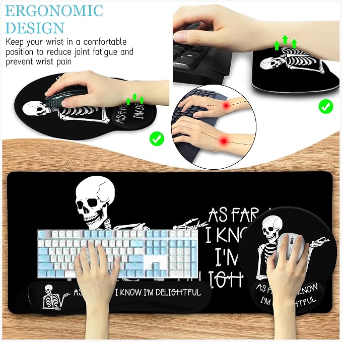 LIMKRIAN Ergonomic Mouse Pad with Wrist Rest Desk Mat Set, Skeleton Gaming Mouse Pads, Keyboard Mat Wrist Rest Cup Coaster, Funny Office Desk Accessories