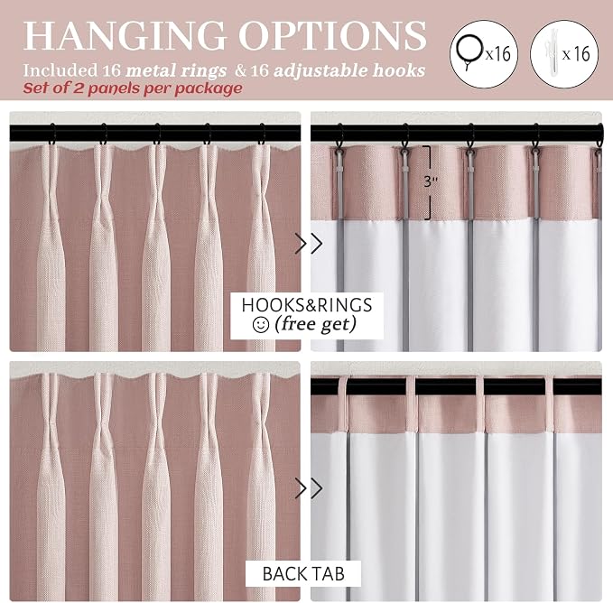Blush Pink Double Layer Linen Pinch Pleated Curtains 90 Inches Long for Kids Room 2 Panels Set, Beautiful Memory Shape Blackout Insulated Noise Reducing Textured Viral Windows Drapes 40 x 90 Length
