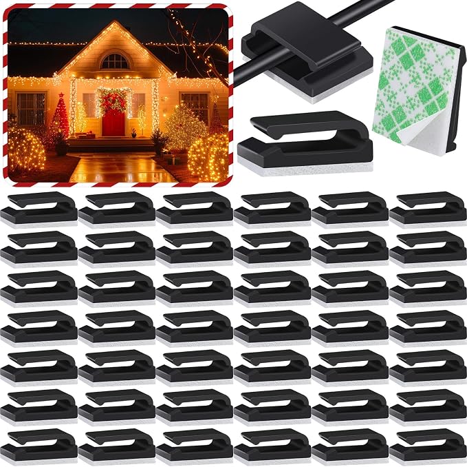 Hicarer 100 Pcs Christmas Light Clips Adhesive Hooks for Outdoor String Cable Wire Clips Adhesive Wire Management Cord Holder for the Wall, Under Desk, Car, Home and Office (Large, Black)
