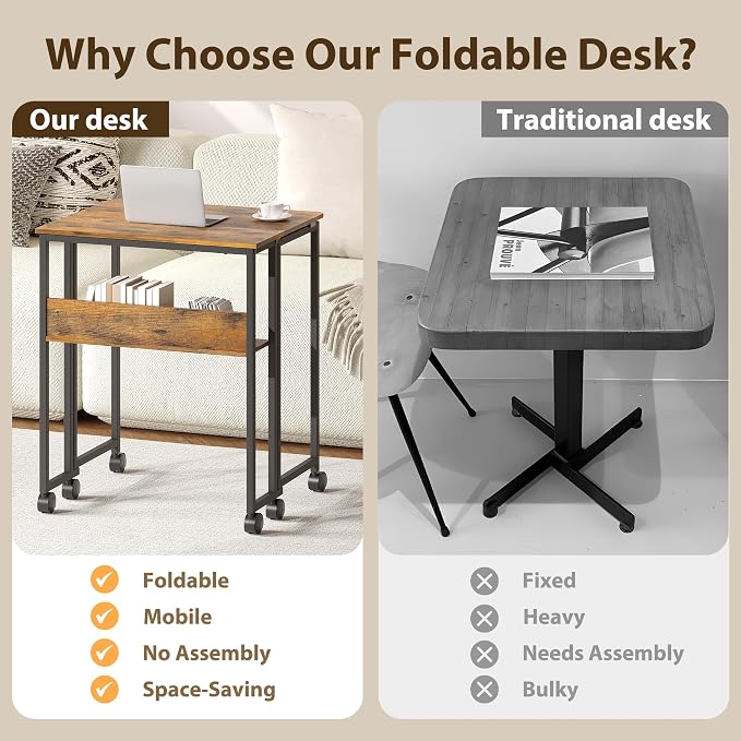 Folding Desk with Storage Shelf, 24.8 Inch Foldable Computer Table with Wheels for Small Spaces,Space Saving Sofa Table for Couch, Rolling Writing Work Office Computer Desk, Easy to Fold,Walnut