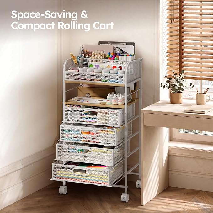 Rolling Art Cart with 4 Drawers, Maple | Art Supplies Organizer, 5-Tier Storage, Adjustable Dividers, Anti-Pull Mesh Drawers, Metal Frame, 4 Casters with 2 Locks