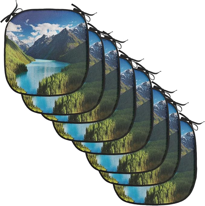 Lunarable Mountain Chair Cushion Pads Set of 8, Lake Kucherlinskoe in Altai Mountains High Peaks and Fresh Jungle in Spring, Anti-Slip Seat Padding for Kitchen & Patio, 16"x16", Green Blue White