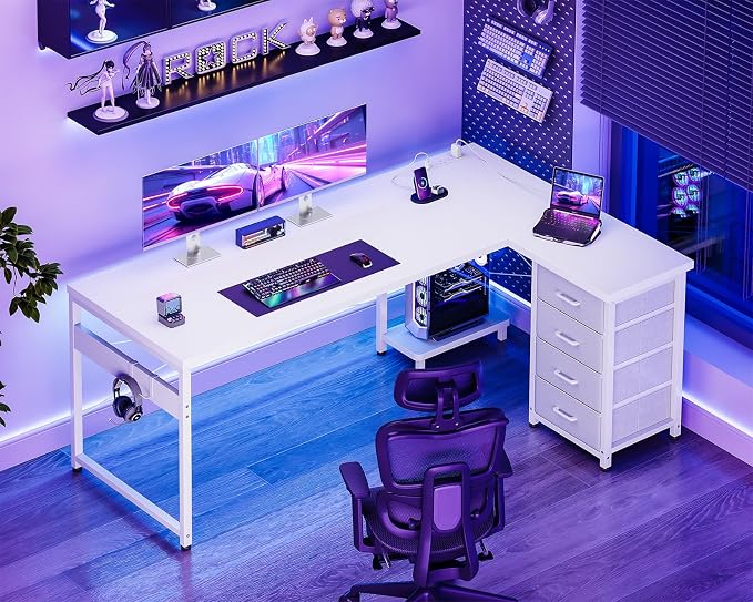 AODK 61" L Shaped Gaming Desk with 4 Drawers and Power Outlets, White | USB Ports, PC Tower Stand, Hooks, Reversible Corner Layout for Gaming Rooms, Bedrooms and Home Office