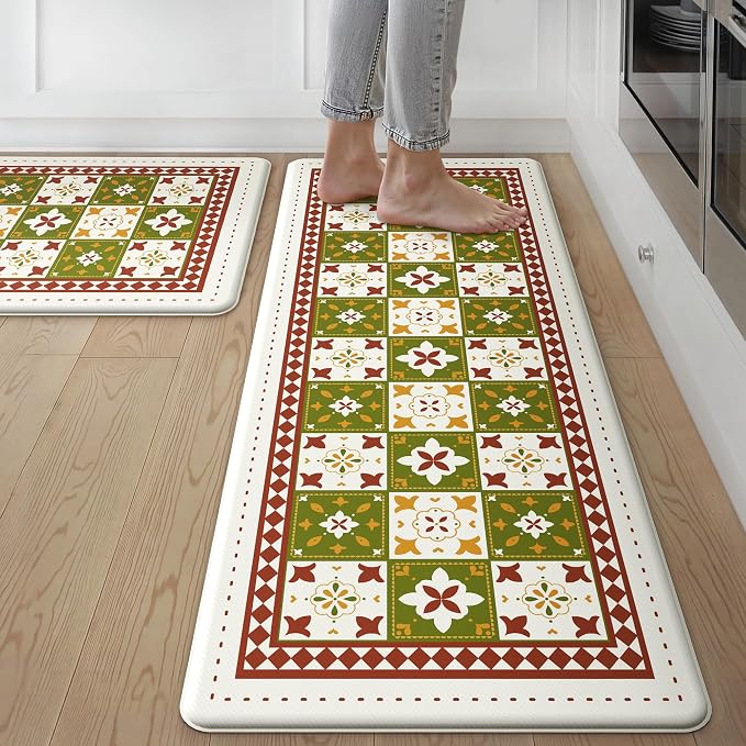 GENIMO Anti Fatigue Kitchen Mats for Floor 2PCS, Cushioned Standing Mats | 17.3"x47"&17.3"x30", Dark Green vintage floral rug set, waterproof, non slip, easy-clean for farmhouse