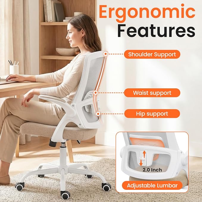 NEO CHAIR Office Chair High Back Desk Mesh Chair Comfy Computer Gaming Seat with Adjustable Ergonomic Lumbar Rolling Flip-up Armrests and Wheels (Beige)
